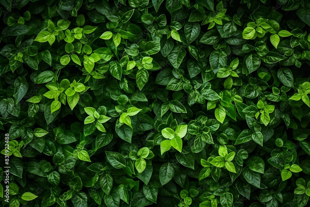 A dense, lush green foliage background with dark and moody lighting. The leaves create an intricate pattern of textures and shapes, creating depth in the visual composition. A dense, lush green foliage background with dark and moody lighting. The leaves create an intricate pattern of textures and shapes, creating depth in the visual composition.