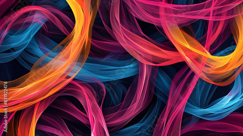 An abstract background with tangled, multicolored lines. Create a web of interweaving strands that vary in thickness and color, forming a complex, organic pattern that suggests movement