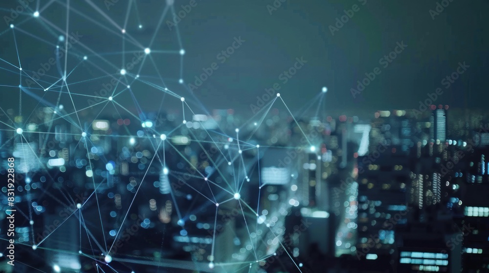 Network technology and interconnection covered in the background of the city Network technology and interconnection covered in the background of the city