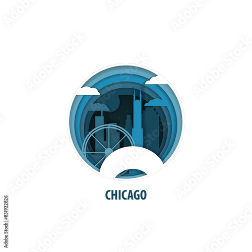 Chicago, Illinois state city paper cut, layered, craft vector logo graphic. Origami style skyline, cityscape in depth illusion image for USA, United States of America