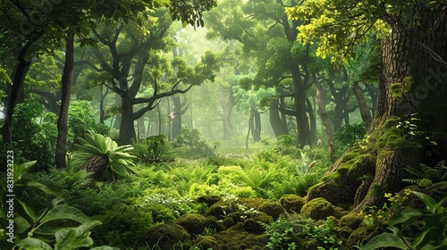 A vibrant  lush green forest teeming with a diverse array of trees  creating a magical and enchanting atmosphere. Generative AI