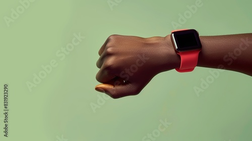 Black man's arm, isolated on light green, sporting a red smartwatch with a blank screen