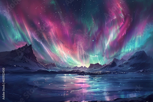 Generative ai on theme of beautiful northern lights, bright aurora borealis winter in atmosphere photo
