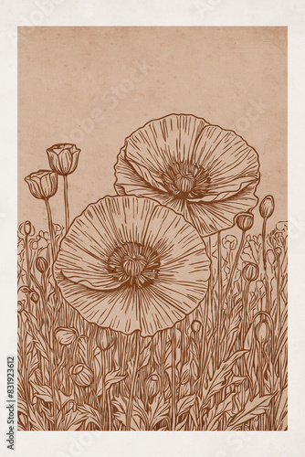 Field poppy . Botanical illustration for printing on wall decorations. Pattern for covers, business cards. Generated by Ai photo