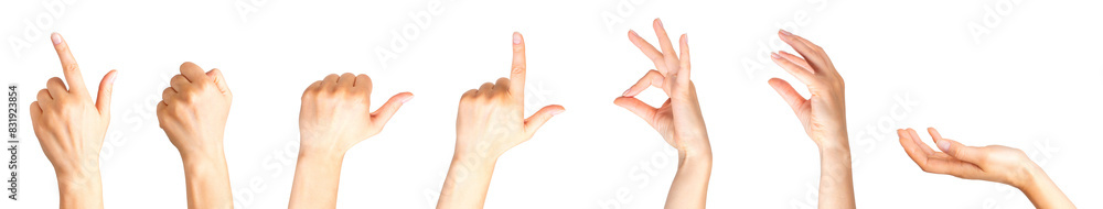 Set of woman hands showing different gestures, pointing and showing signs Set of woman hands showing different gestures, pointing and showing signs