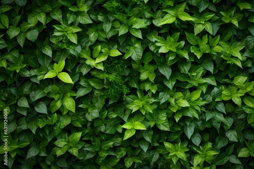 Fototapeta premium A dense, lush green foliage background with dark and moody lighting. The leaves create an intricate pattern of textures and shapes, creating depth in the visual composition.