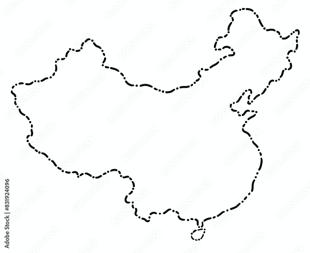 Doodle freehand dash line drawing of China map.