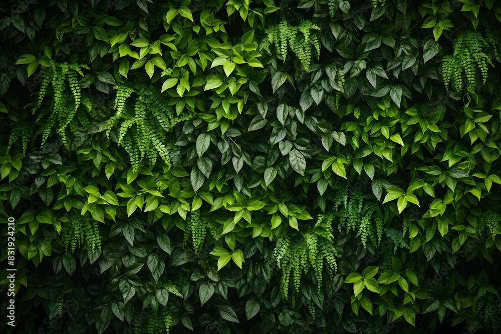 Obraz premium A dense, lush green foliage background with dark and moody lighting. The leaves create an intricate pattern of textures and shapes, creating depth in the visual composition.