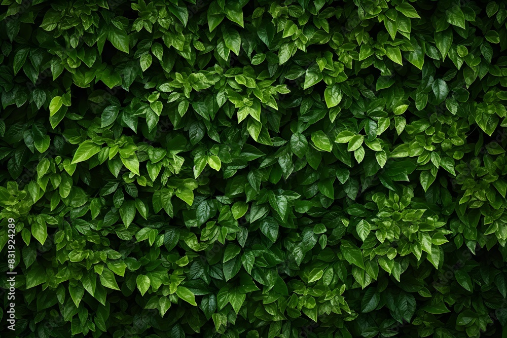 Obraz premium A dense, lush green foliage background with dark and moody lighting. The leaves create an intricate pattern of textures and shapes, creating depth in the visual composition.