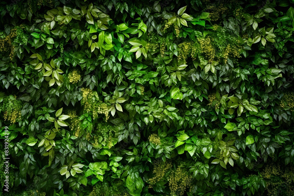 A dense, lush green foliage background with dark and moody lighting. The leaves create an intricate pattern of textures and shapes, creating depth in the visual composition. A dense, lush green foliage background with dark and moody lighting. The leaves create an intricate pattern of textures and shapes, creating depth in the visual composition.