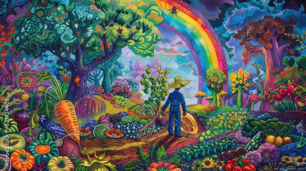 Fototapeta premium Beneath the canopy of a towering rainbow, an eccentric farm worker joyfully gathers a kaleidoscope of magical vegetables from his enchanted farm, each pluck a testament to the boundless creativity