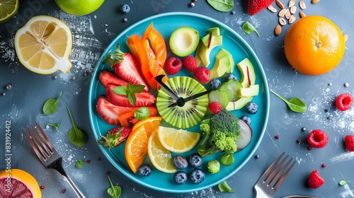 Brightly colored food and silverware arranged on a platter in the shape of a clock. Lunchtime concept, diet, weight loss, and intermittent fasting photo