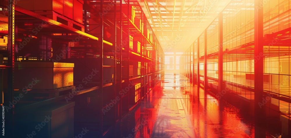 Logistics in manufacturing plant close up, focus on, copy space, vibrant colors, Double exposure silhouette with storage racks