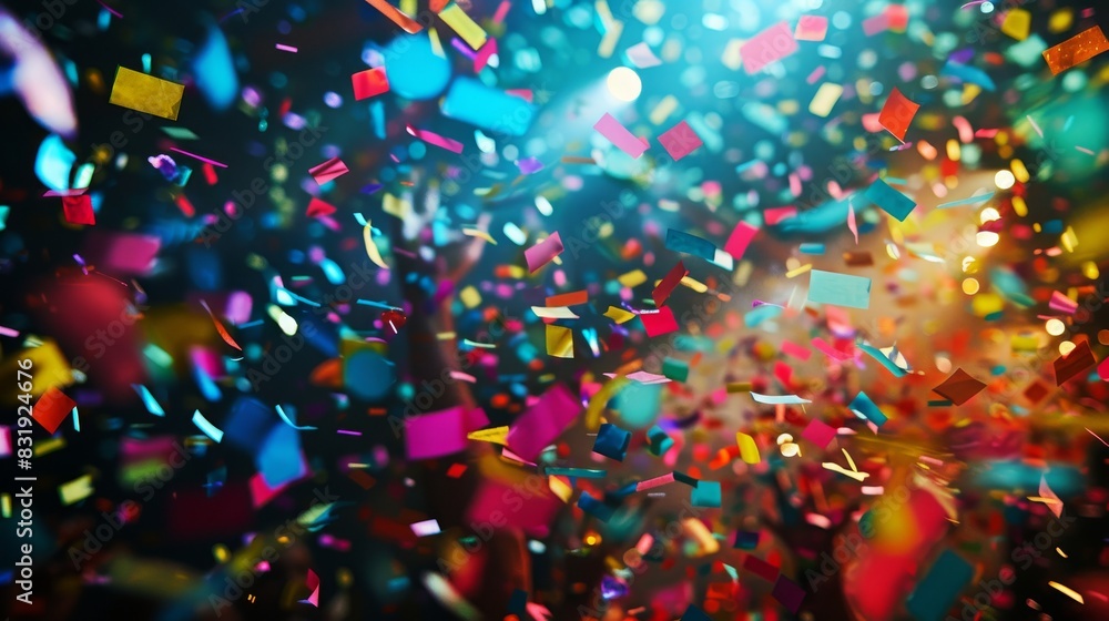 Capture the grandeur of a festive event with a low-angle view showcasing vibrant confetti falling like colorful rain Include dynamic lighting to enhance the mood Capture the grandeur of a festive event with a low-angle view showcasing vibrant confetti falling like colorful rain Include dynamic lighting to enhance the mood