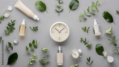 Hands of a body lotion, cream, oil, and skincare product creatively arranged like an alarm clock on a grey background.
