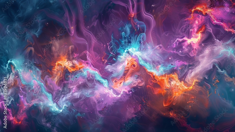 Craft a digital artwork representing Quantum Entanglement through abstract shapes and vibrant colors Focus on conveying a sense of mysterious connection and energy flow between the