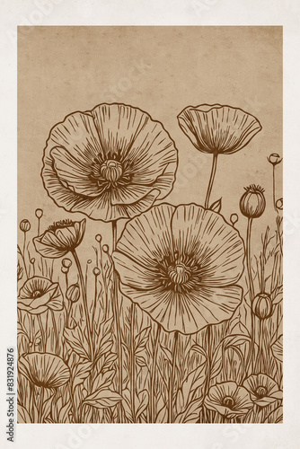 Field poppy . Botanical illustration for printing on wall decorations. Pattern for covers, business cards. Generated by Ai photo