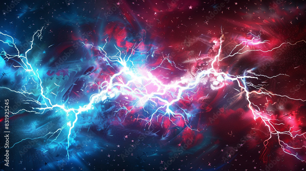 Ruby and cyan abstract lightning explosion on a patriotic themed brochure, Ruby and cyan abstract lightning explosion on a patriotic themed brochure,