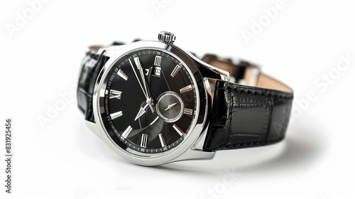 An elegant watch set apart against a white backdrop. using a clipping path. A black and gold watch. A man's watch.