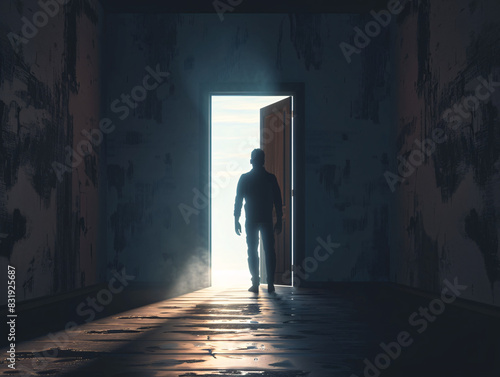a man standing in a dark hallway with a light coming through the doorway