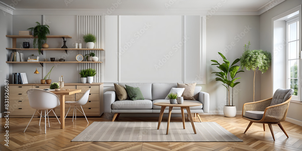 Wall mock-up in Scandinavian style interior, bright and light modern house with high ceilings, stylish furniture and decorative plants