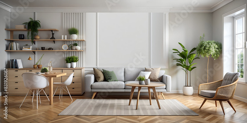 Wall mock-up in Scandinavian style interior  bright and light modern house with high ceilings  stylish furniture and decorative plants