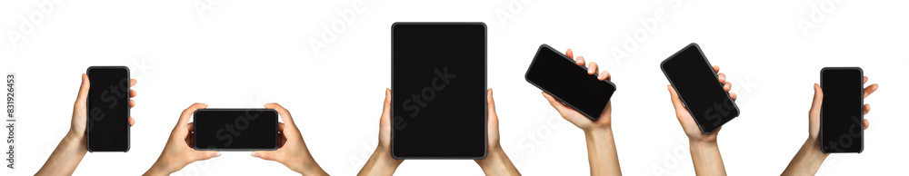 Mockup of smartphone, tablets and women's hands, concept of mobile shopping, taking a photo and selfie Mockup of smartphone, tablets and women's hands, concept of mobile shopping, taking a photo and selfie