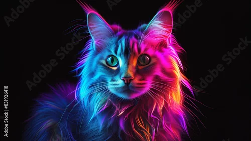 Fototapeta samoprzylepna Glowing neon rainbow cat on black background