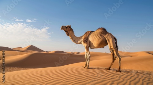 A camel standing tall in the middle of a vast desert, with endless dunes and a clear blue sky in the background