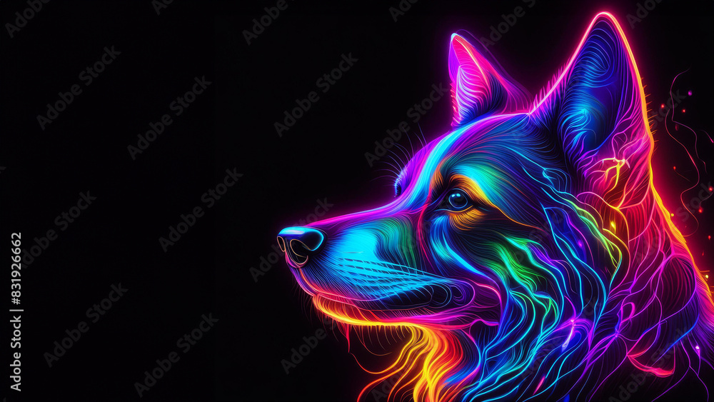 glowing neon rainbow border collie dog on black background glowing neon rainbow border collie dog on black background