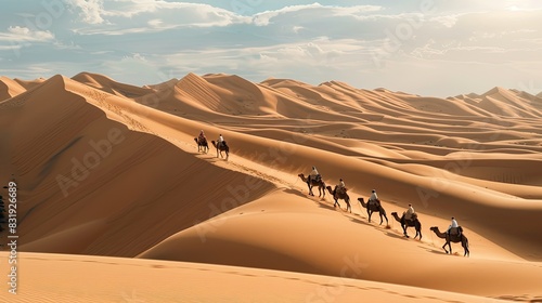 A caravan of camels traversing the rolling sand dunes  illustrating the traditional way of life in the desert