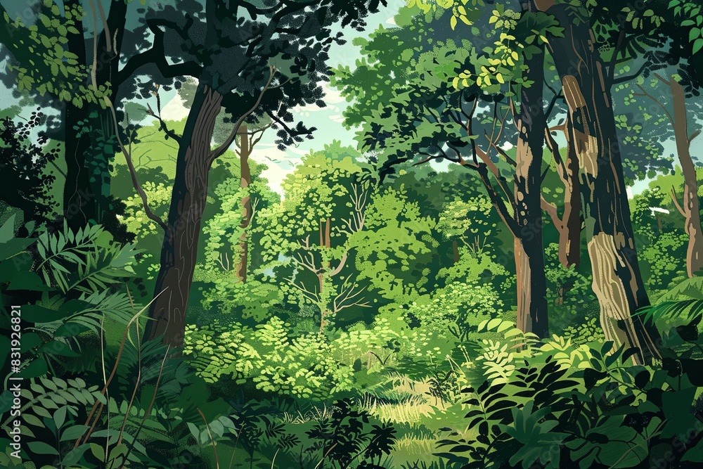 Fototapeta premium A vibrant painting portraying a lush green forest teeming with a multitude of towering trees, creating a serene and enchanting atmosphere. Generative AI