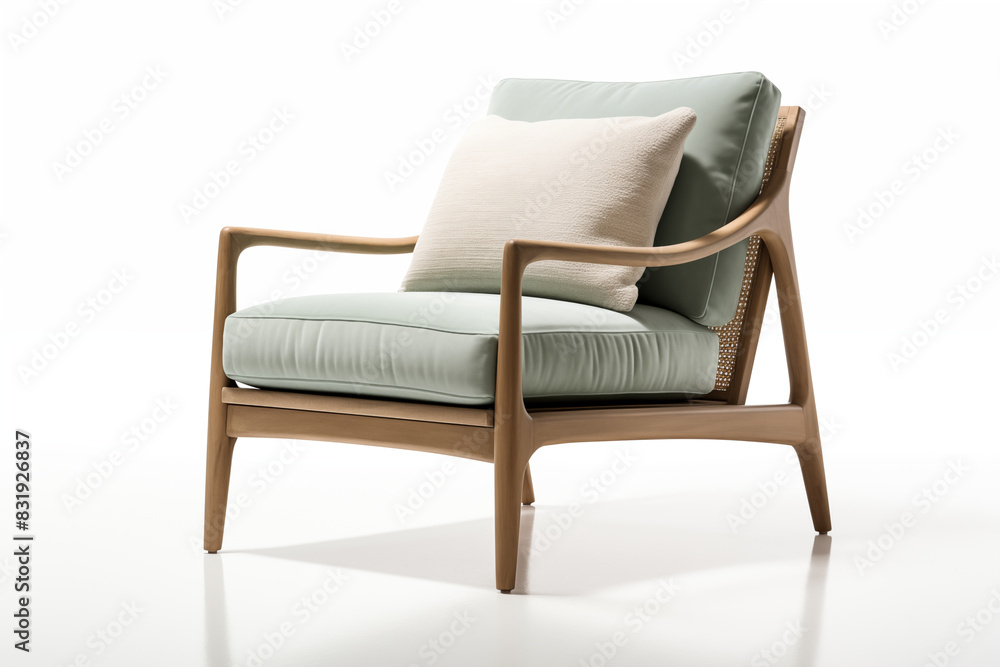 Retro style wooden armchair with green cushion and white pillow isolated on white background 3d rendering Retro style wooden armchair with green cushion and white pillow isolated on white background 3d rendering