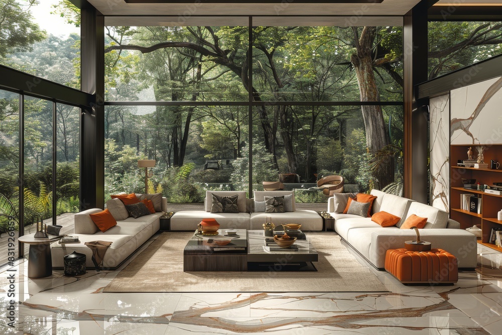 Fototapeta premium Spacious living room with large windows, forest views, modern furniture, and natural light, creating a harmonious and elegant setting