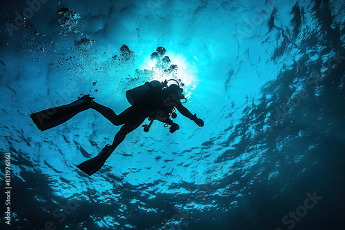 Generative ai on theme of scuba diver goes on underwater adventure among the deep scary blue sea