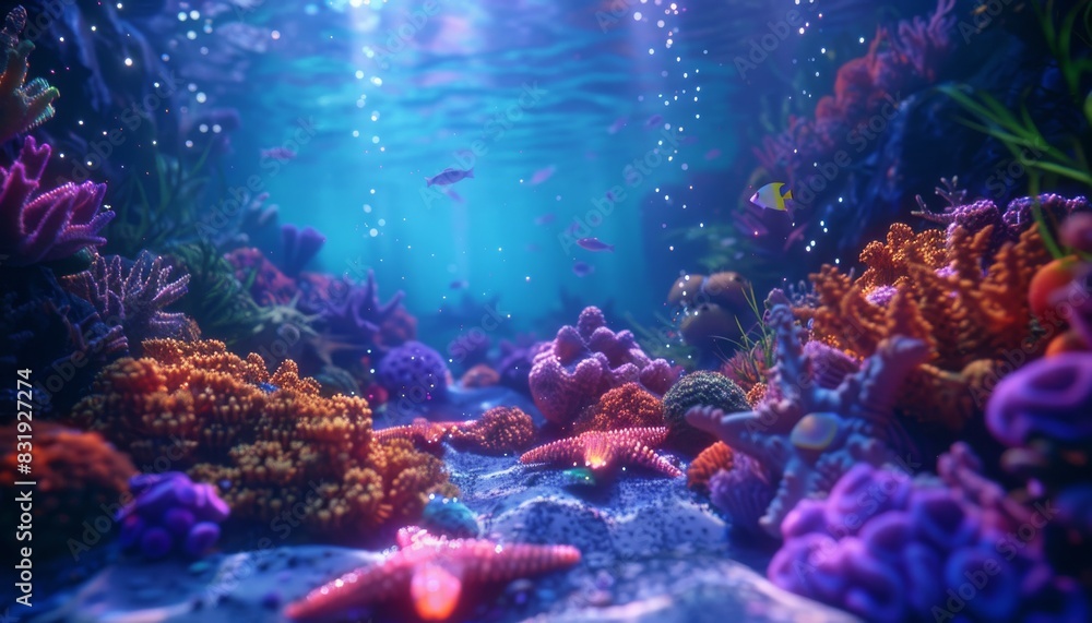 Naklejka premium Transform the scene with bio-luminescent elements like radiant plankton, gleaming starfish, and luminous coral reef for an underwater disco vibe using CG 3D effects