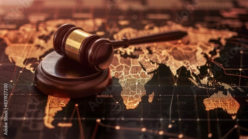 The gavel and digital blocks superimposed over a map of the world illustrating the global scope of cryptocurrency regulations and how it affects different regions.