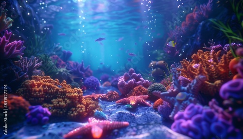Transform the scene with bio-luminescent elements like radiant plankton, gleaming starfish, and luminous coral reef for an underwater disco vibe using CG 3D effects © Pornarun