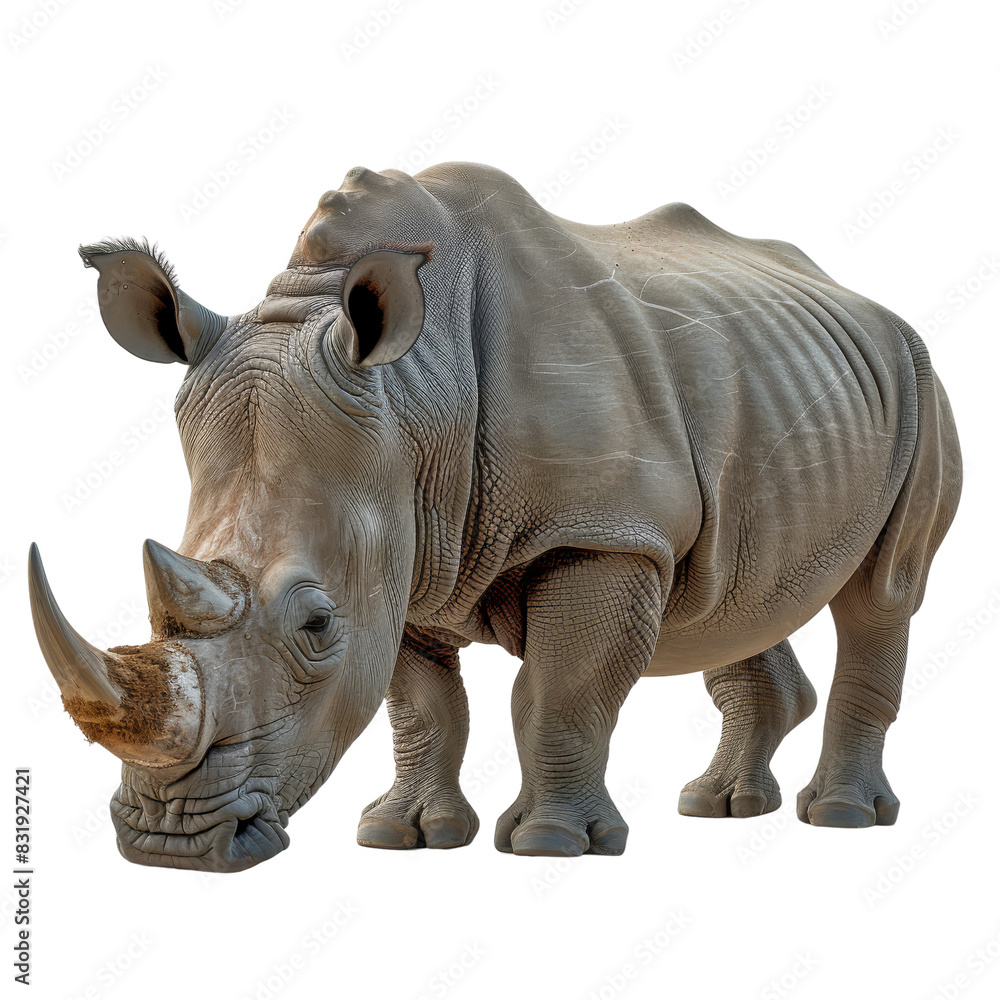 Obraz premium A realistic ing of a rhinoceros on a white background. The detailed texture captures the rhino's features vividly.