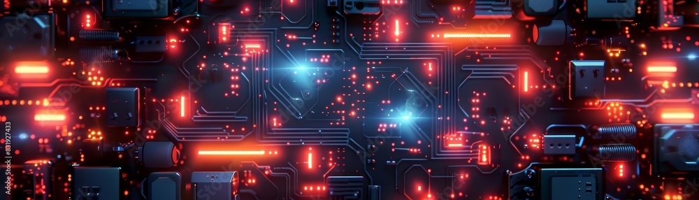 Obraz premium blue red circuit board in atomic punk art deco style