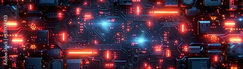 blue  red circuit board in atomic punk art deco style photo