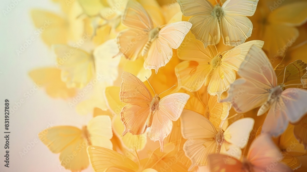A gentle mix of pale yellow and soft peach butterflies, overlaid in a gradient formation, giving a serene sunrise effect. A gentle mix of pale yellow and soft peach butterflies, overlaid in a gradient formation, giving a serene sunrise effect.
