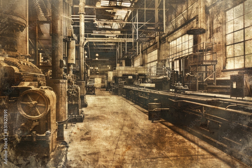 Naklejka premium Expansive panoramic view of an old-fashioned industrial production factory