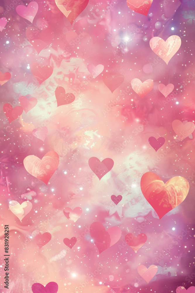 pink hearts floating in the air, against blue sky and pink clouds, Valentine's Day, love, background
