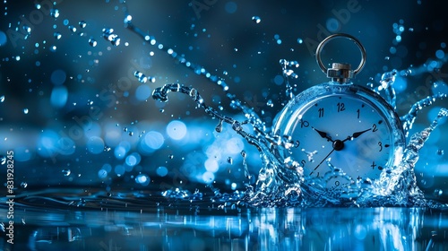 The idea of time as water. A glass clock with water dripping from it. Brilliant concept: preserve the water on a background of blue. Warming of the Planet photo