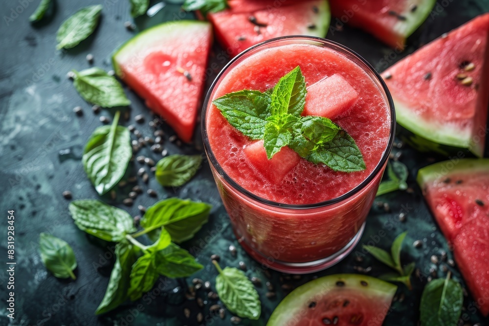 Watermelon Smoothie - Bright red with watermelon chunks and a sprig of mint. Watermelon Smoothie - Bright red with watermelon chunks and a sprig of mint.
