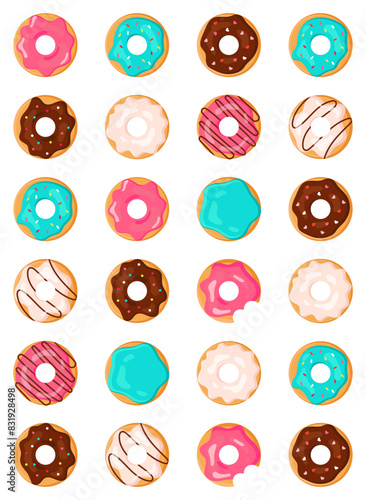 Seamless pattern with Donuts. Donuts with fondant and sprinkles. Chocolate, Strawberry, Vanilla and Mint Frosting. Bright Poster, Cover, Wallpaper, Background, Postcard, Flyer with Baking, Desserts