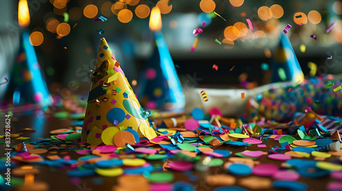 A detailed image of birthday confetti scattered on a table, with vibrant colors and shapes. photo