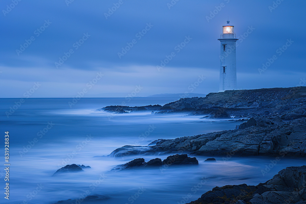 Generative ai on theme of large retro lighthouse with beam of bright light shining out to blue sea Generative ai on theme of large retro lighthouse with beam of bright light shining out to blue sea
