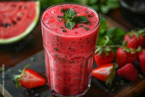 Watermelon Smoothie - Bright red with watermelon chunks and a sprig of mint. 